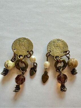 Hand-Crafted Bronze and Pearl Dangle Earrings